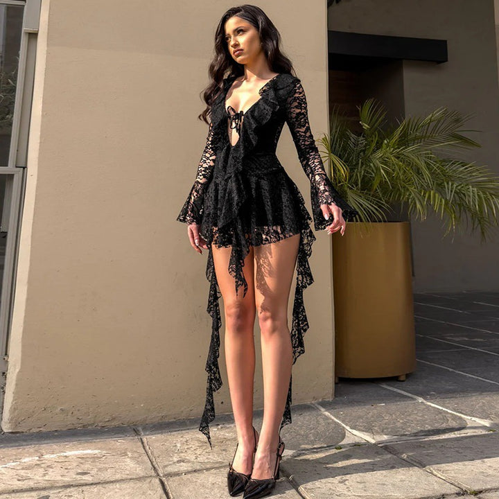 LUMIÈRE™ - Lace Ruffle Long Sleeve Mini Dress