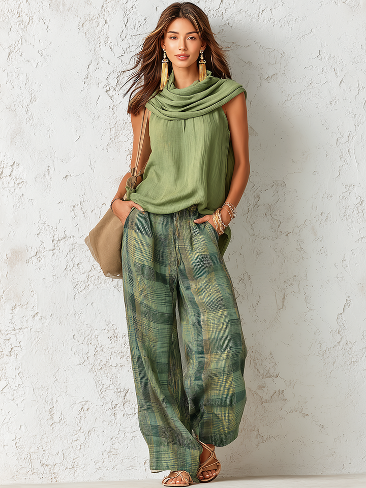 Runa™ | Sleeveless Top And Plaid Trousers Set