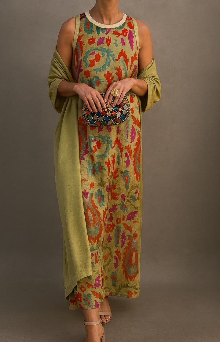 Arlune™ | Printed Maxi Dress And Matching Cardigan Set