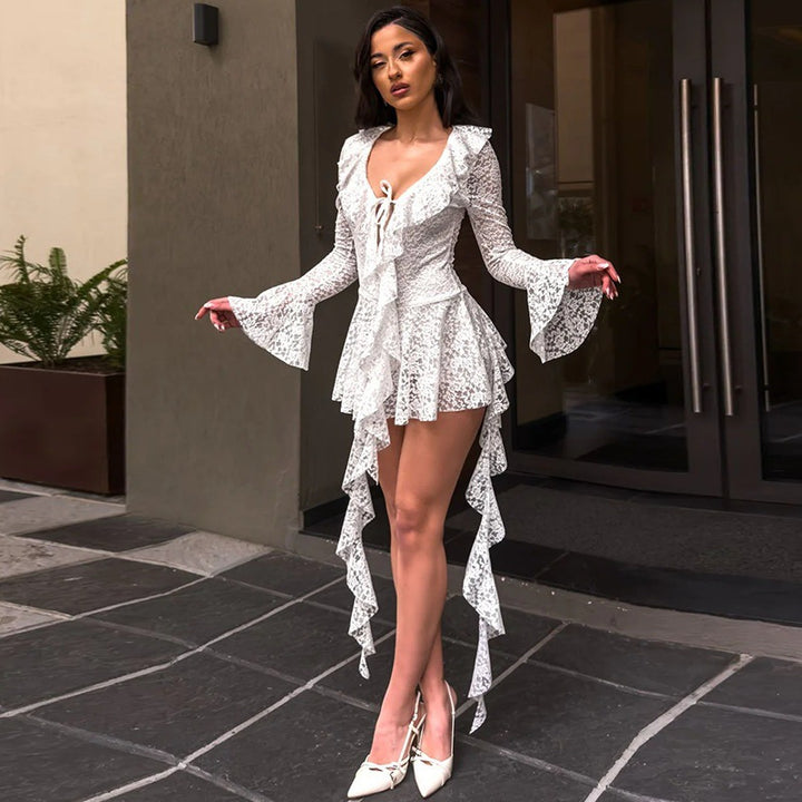 LUMIÈRE™ - Lace Ruffle Long Sleeve Mini Dress