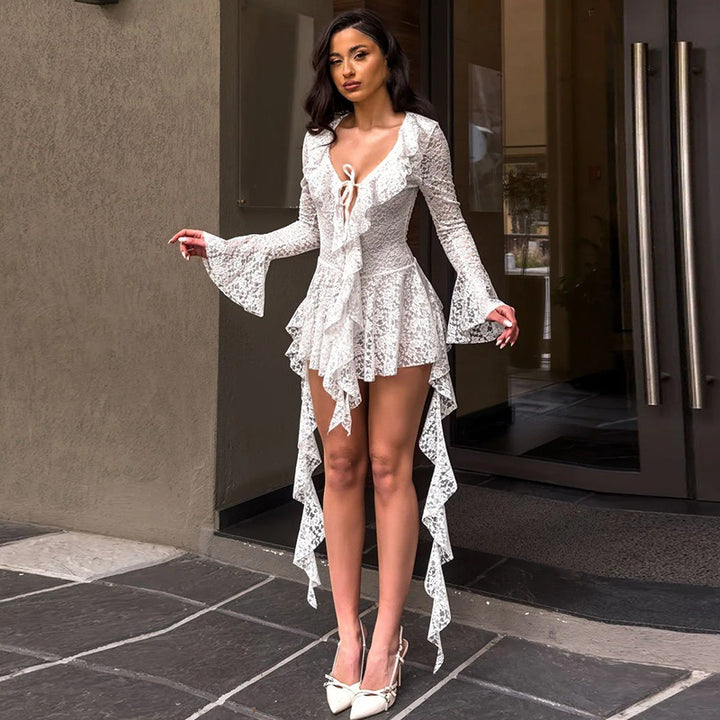 LUMIÈRE™ - Lace Ruffle Long Sleeve Mini Dress
