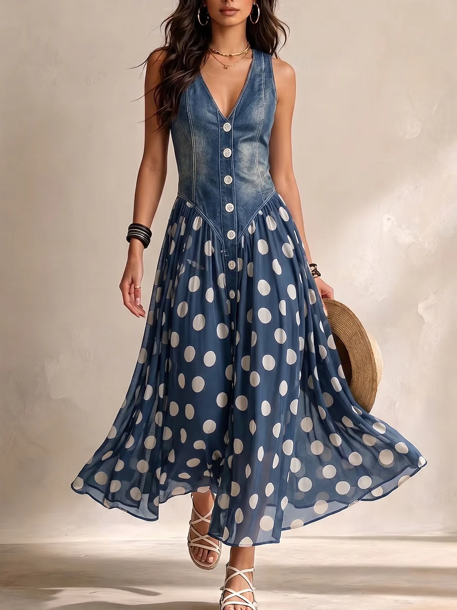 Woman wearing a blue dress with white polka dots, holding a straw hat against a neutral background.