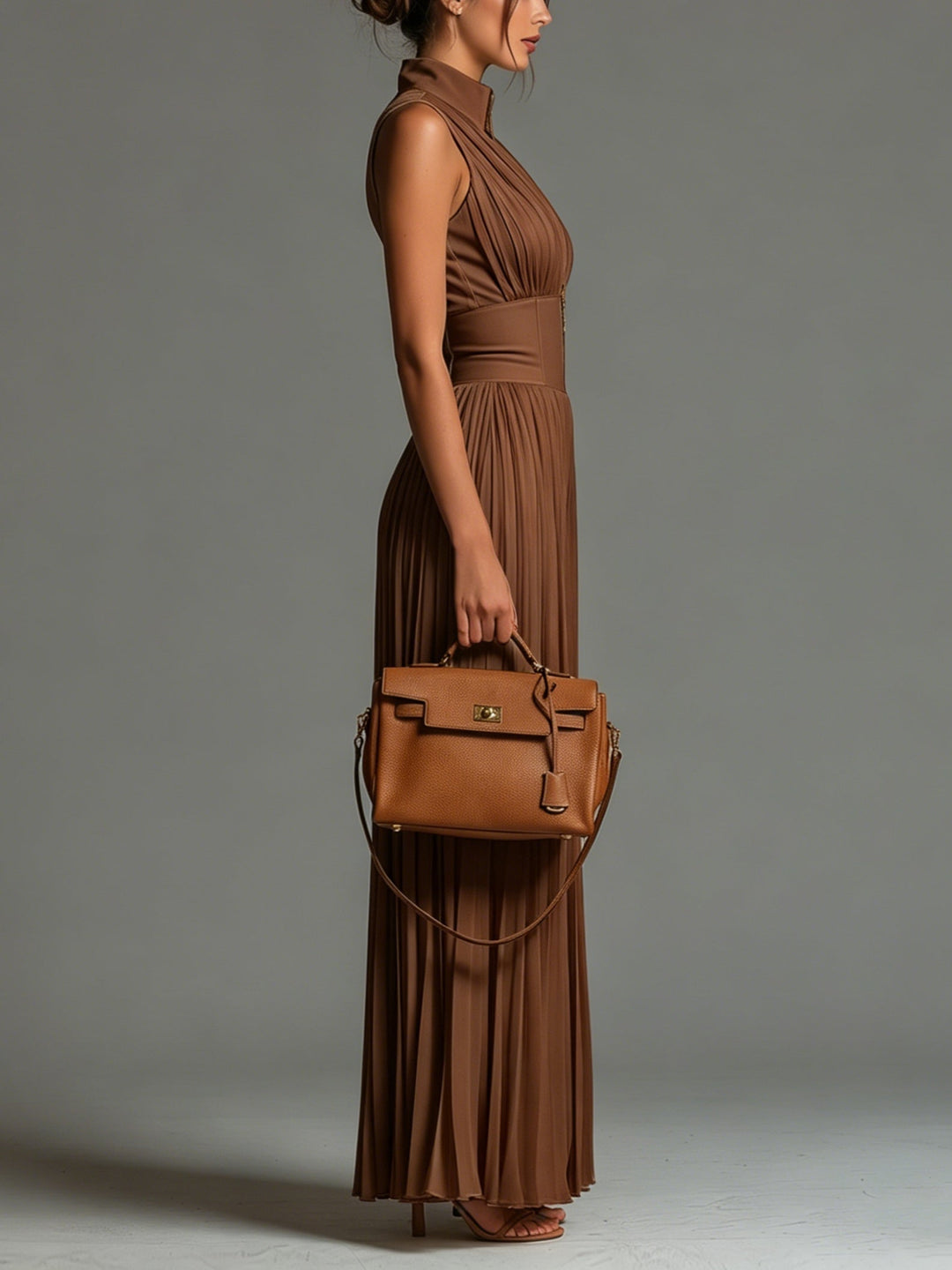 Mirelda™ | Brown Pleated Wide Leg Jumpsuit