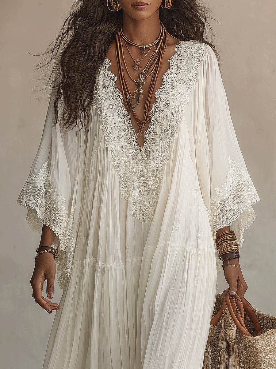 Lunara™ | White Boho Maxi Dress