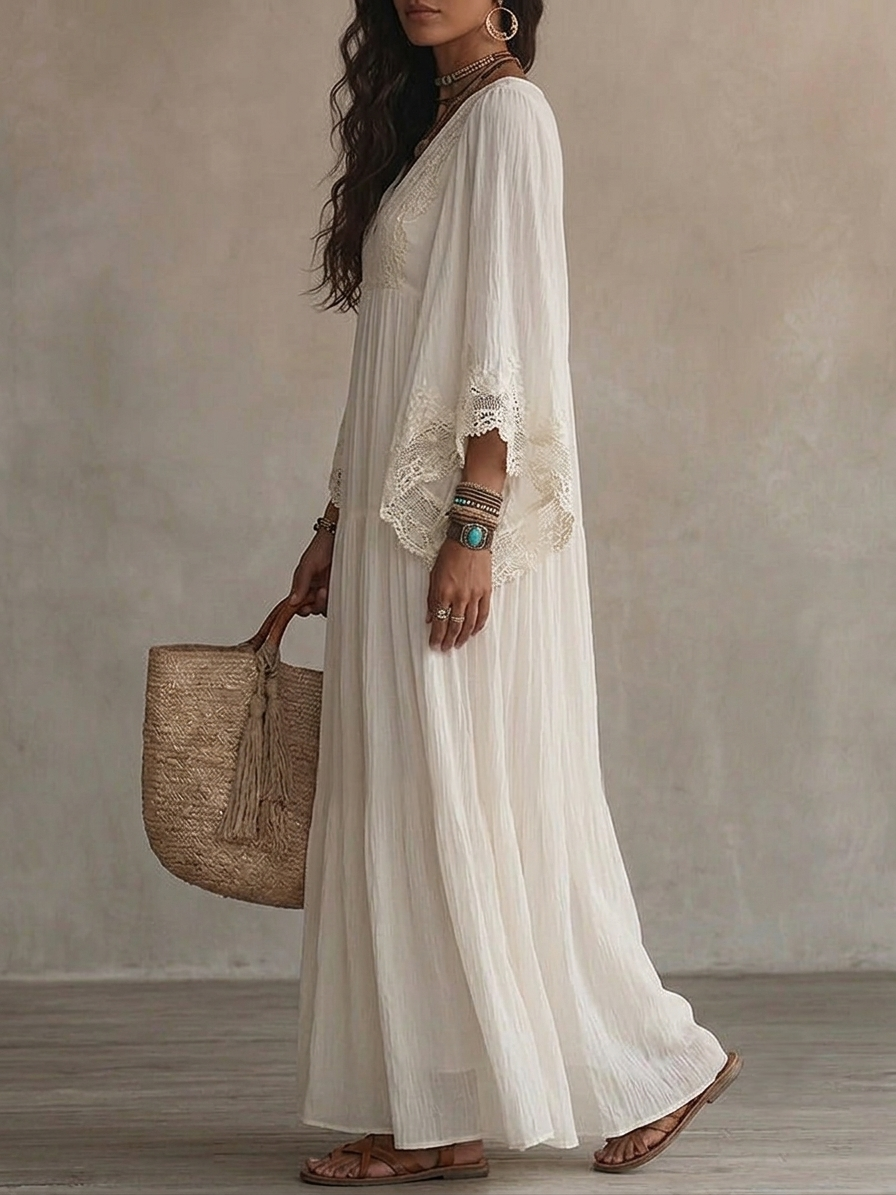 Lunara™ | White Boho Maxi Dress