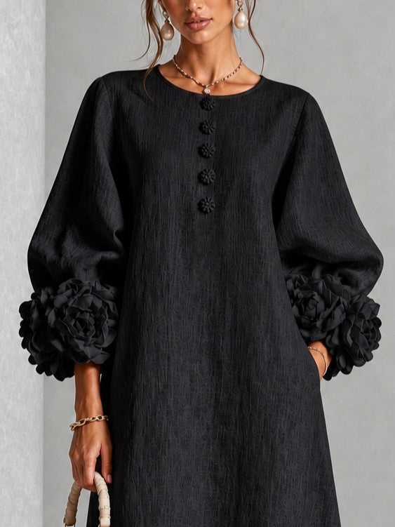 Adeline™ | Black Floral Button-Down Midi Dress