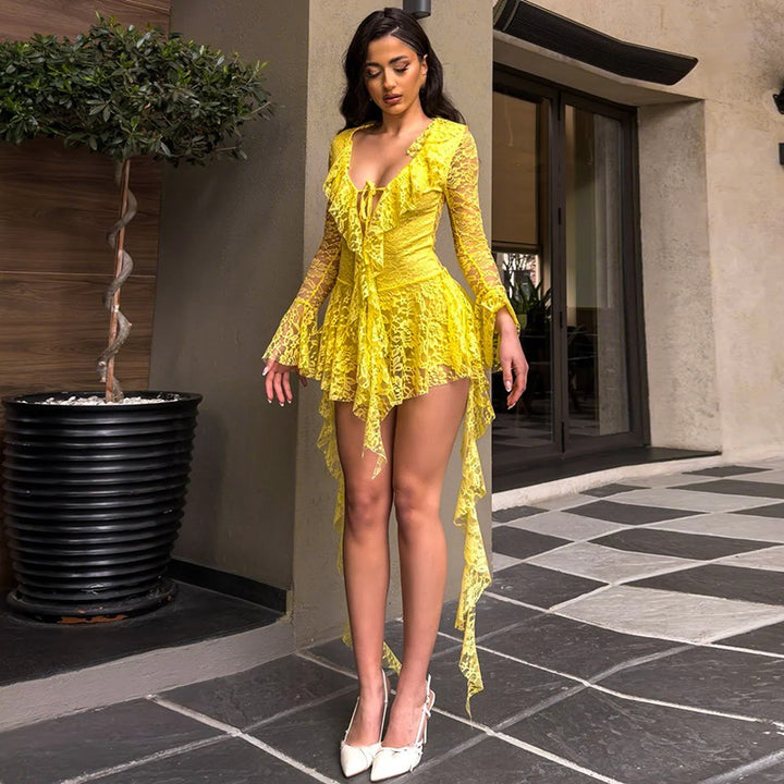 LUMIÈRE™ - Lace Ruffle Long Sleeve Mini Dress